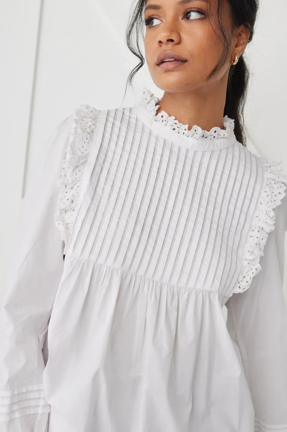 Ivy + Jack Opal White Voile Pleat Bodice High Neck Ls Top