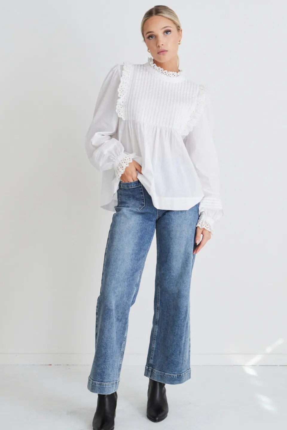 Ivy + Jack Opal White Voile Pleat Bodice High Neck Ls Top