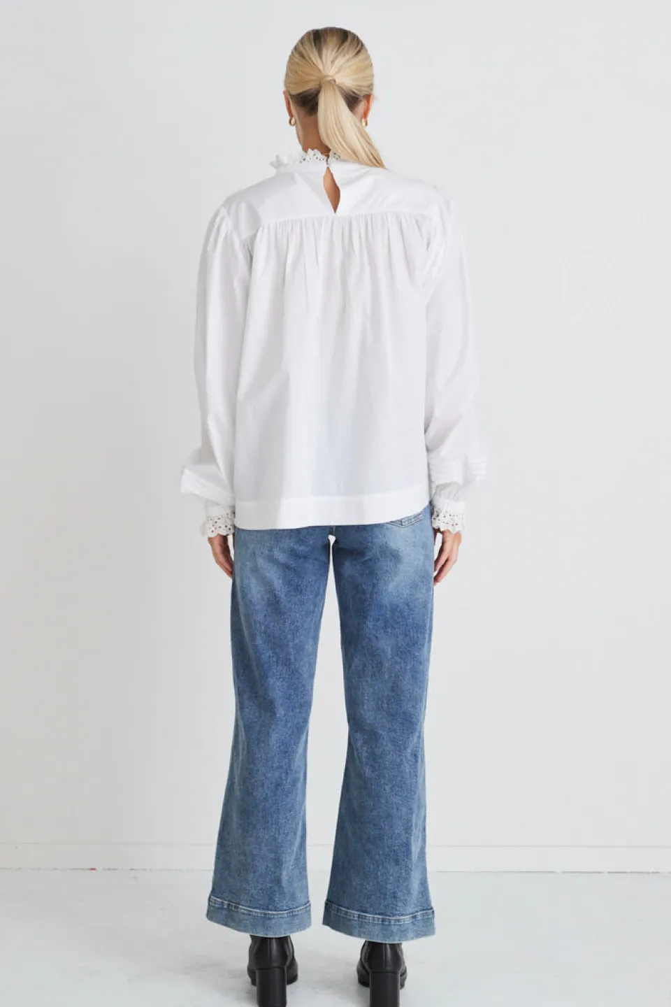 Ivy + Jack Opal White Voile Pleat Bodice High Neck Ls Top