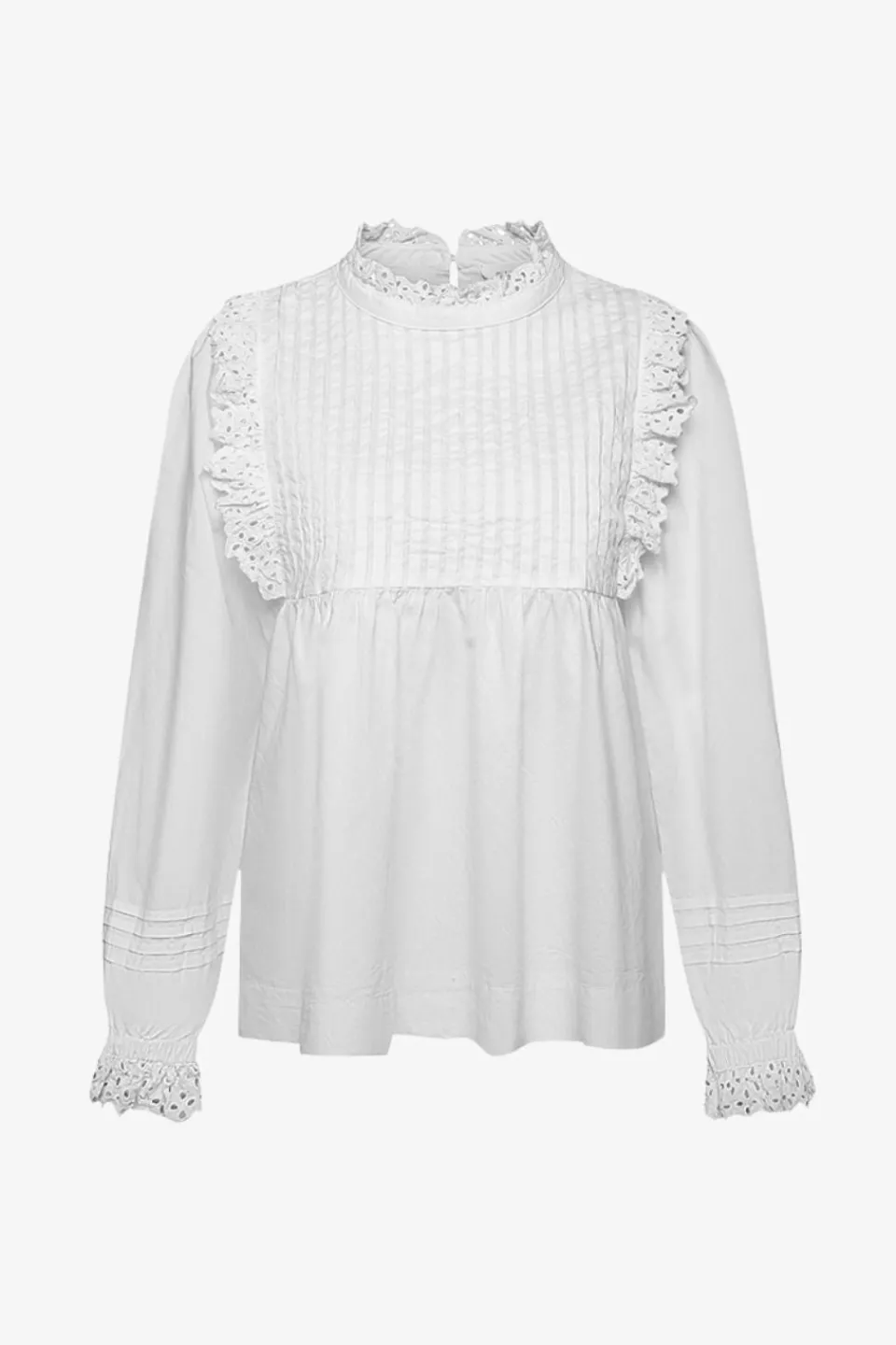 Ivy + Jack Opal White Voile Pleat Bodice High Neck Ls Top