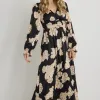 Among the Brave Oracle Black Floral LS V Neck Midi Dress