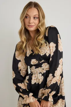 Among the Brave Oracle Black Floral LS V Neck Midi Dress