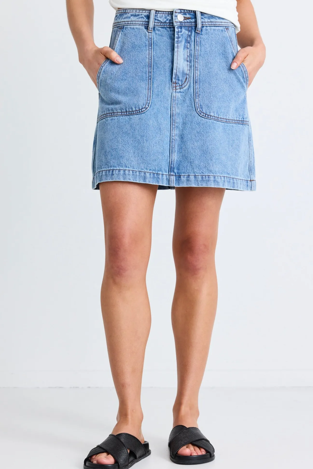 Ivy + Jack Orchard Mid Blue Pocket Front Denim Mini Skirt