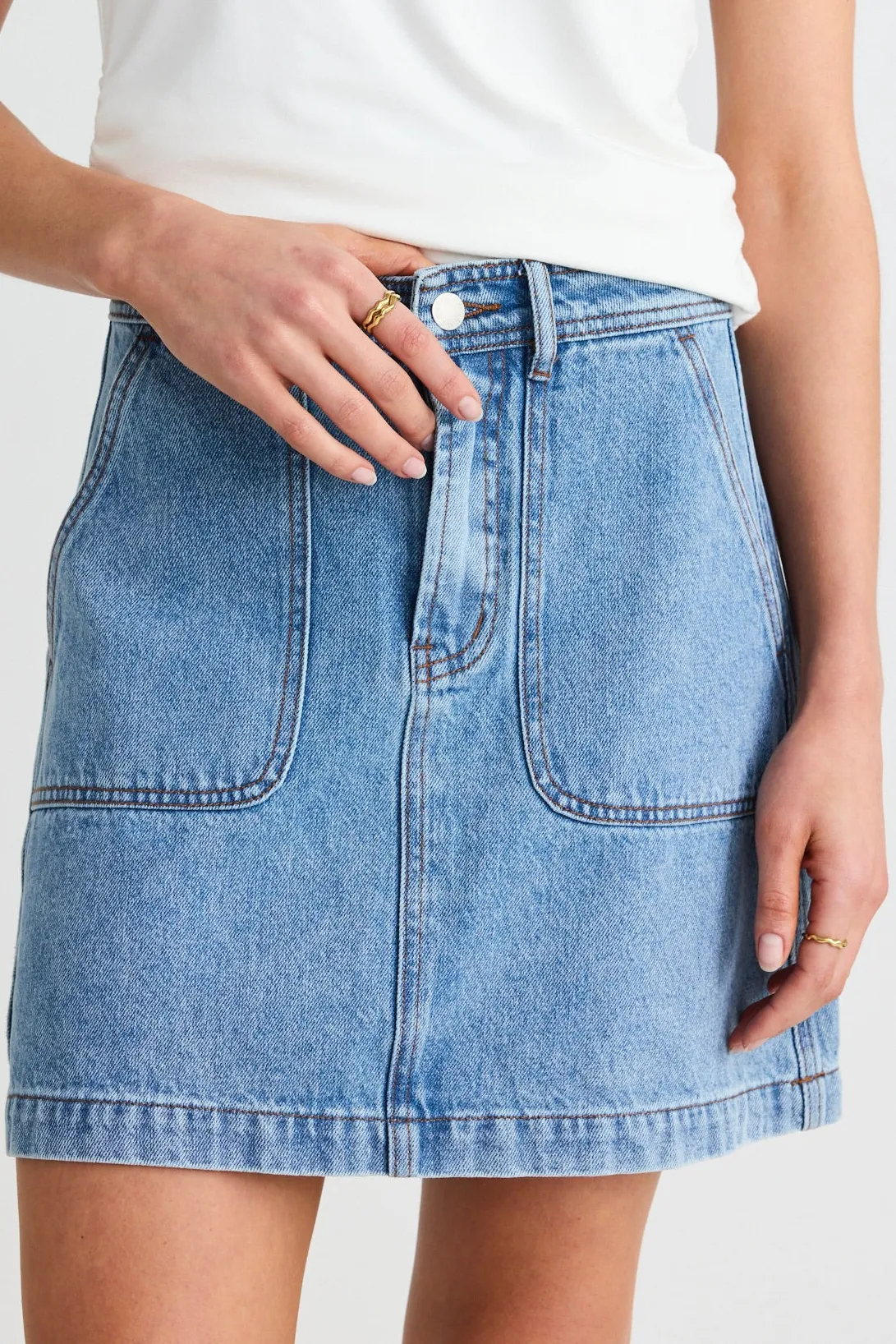 Ivy + Jack Orchard Mid Blue Pocket Front Denim Mini Skirt
