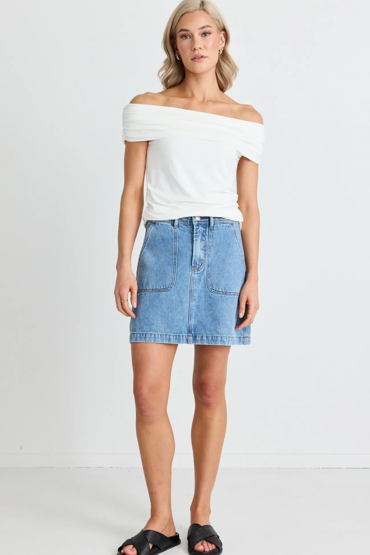Ivy + Jack Orchard Mid Blue Pocket Front Denim Mini Skirt