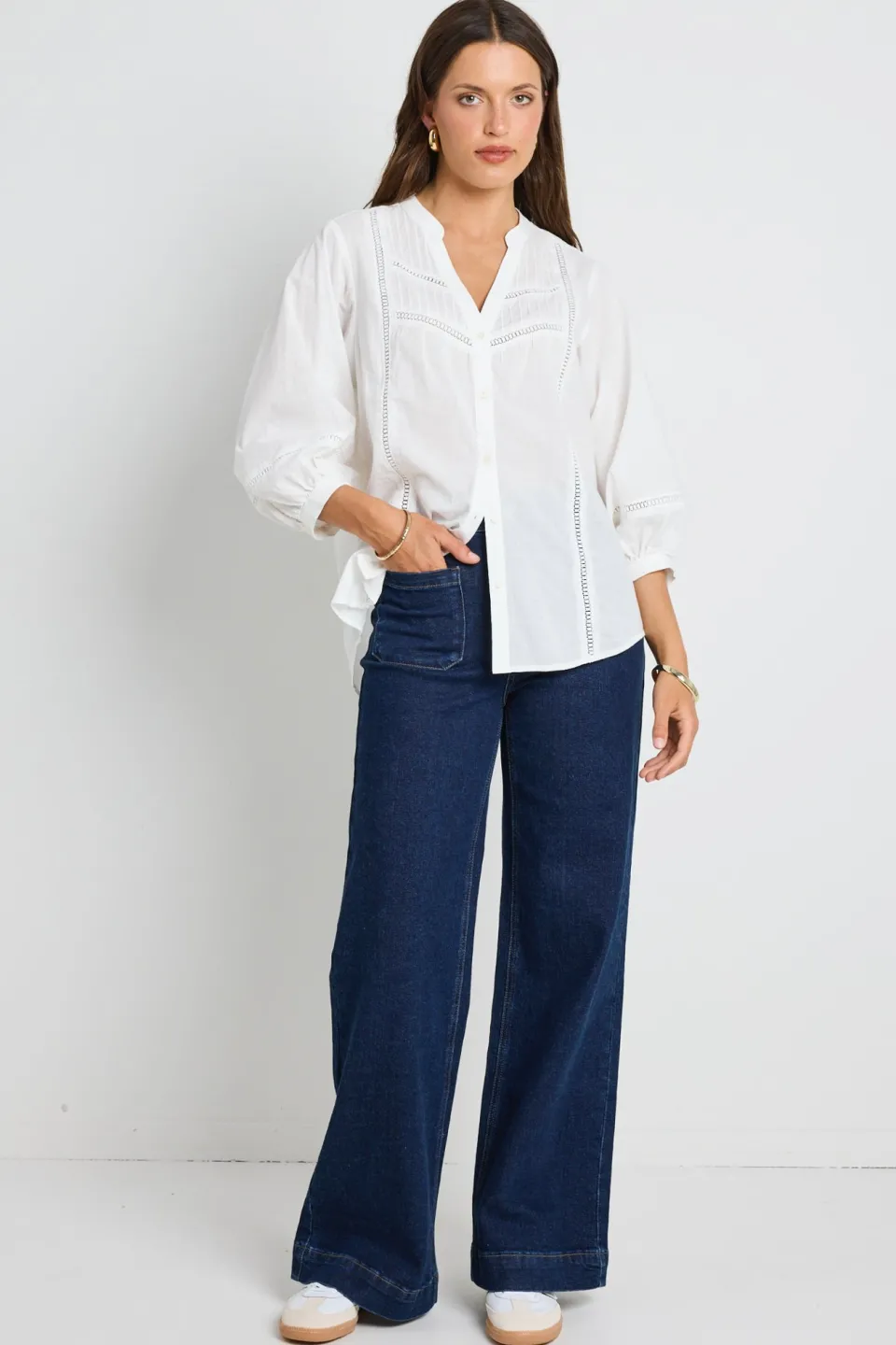 Ivy + Jack Ornamental White Lace Insert Pintuck SS Shirt