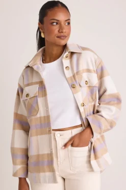 Among the Brave Oslo Tan Purple Check Shacket