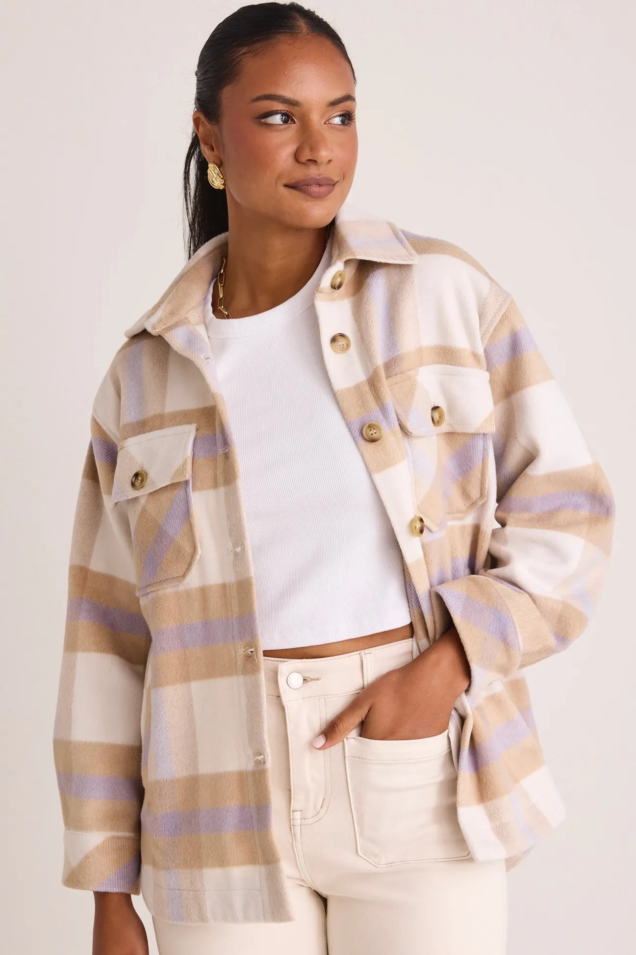 Among the Brave Oslo Tan Purple Check Shacket