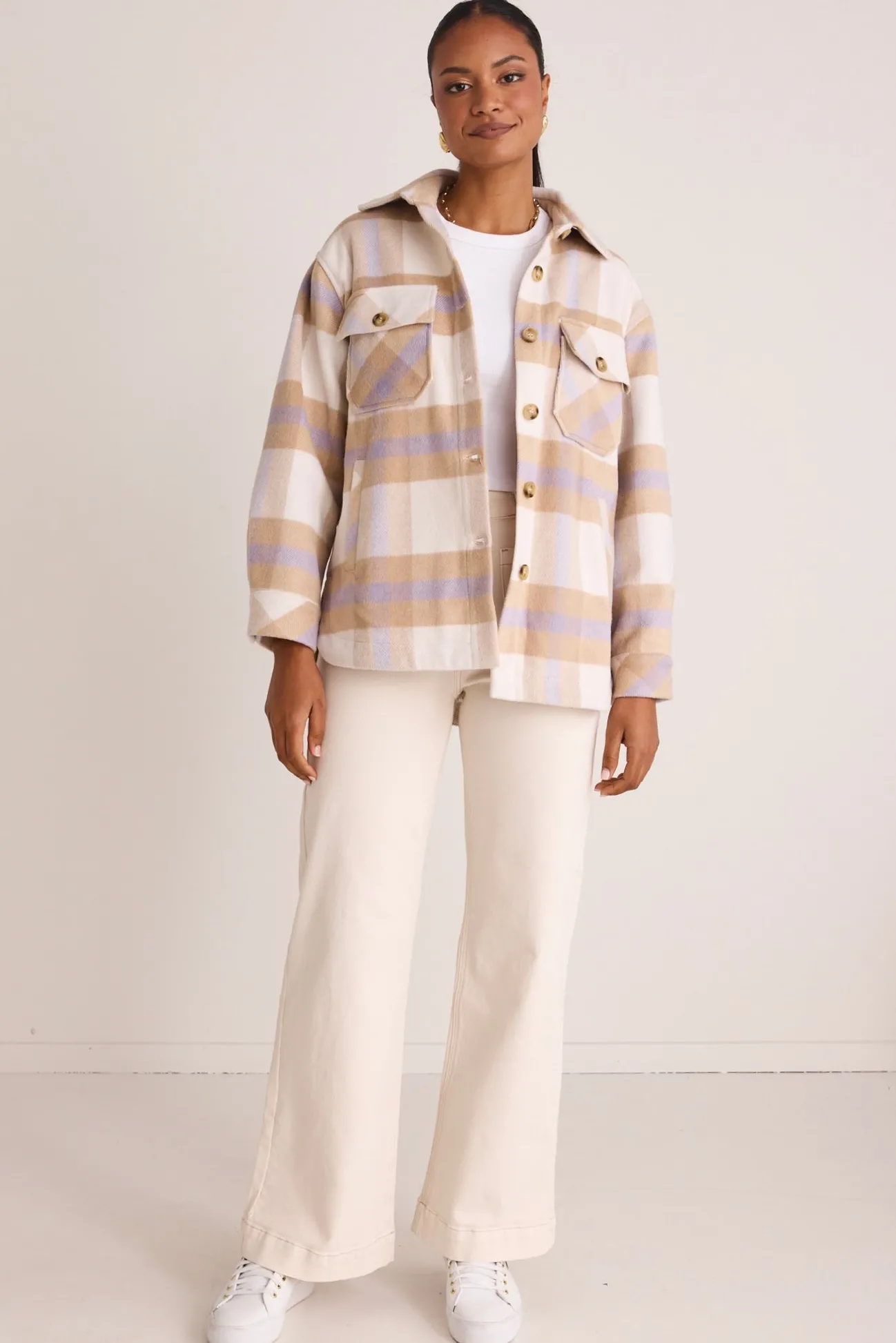Among the Brave Oslo Tan Purple Check Shacket