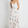 Among the Brave Otherworldly Champagne Floral Satin Bias Slip Midi Dress