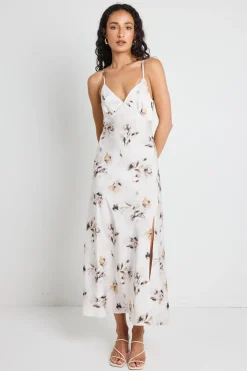 Among the Brave Otherworldly Champagne Floral Satin Bias Slip Midi Dress