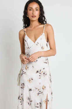 Among the Brave Otherworldly Champagne Floral Satin Bias Slip Midi Dress