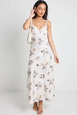 Among the Brave Otherworldly Champagne Floral Satin Bias Slip Midi Dress