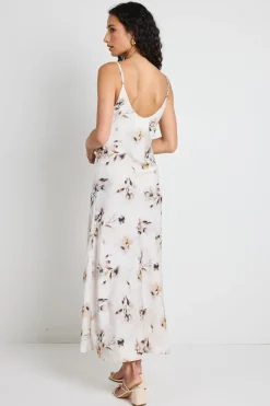 Among the Brave Otherworldly Champagne Floral Satin Bias Slip Midi Dress
