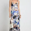 Among the Brave Otherworldly Navy Multi Watercolour Satin Bias Midi Slip Dress