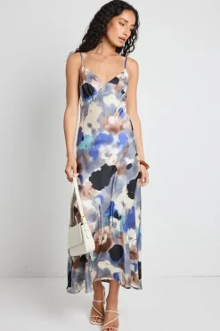 Among the Brave Otherworldly Navy Multi Watercolour Satin Bias Midi Slip Dress