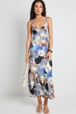 Among the Brave Otherworldly Navy Multi Watercolour Satin Bias Midi Slip Dress