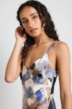 Among the Brave Otherworldly Navy Multi Watercolour Satin Bias Midi Slip Dress