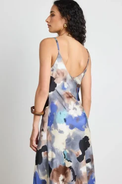 Among the Brave Otherworldly Navy Multi Watercolour Satin Bias Midi Slip Dress