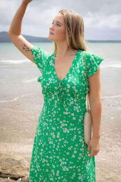 Among the Brave Ovation Green Floral Flutter SS Keyhole Tie Dress