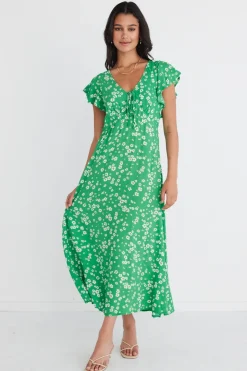 Among the Brave Ovation Green Floral Flutter SS Keyhole Tie Dress