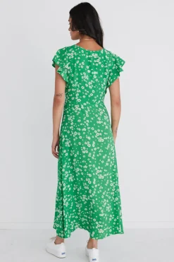 Among the Brave Ovation Green Floral Flutter SS Keyhole Tie Dress