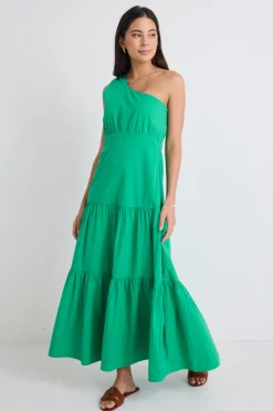 Stories be Told Parade Green One Shoulder Tiered Maxi Dress