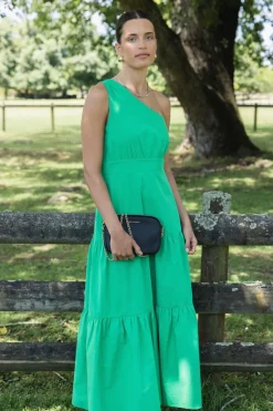 Stories be Told Parade Green One Shoulder Tiered Maxi Dress
