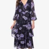 Leila + Luca Paradise Black Lilac Burnout Floral Wrap LS Midi Dress