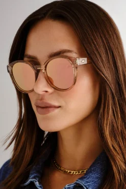 Le Specs Paramount Round Clear Tan Brass Mirror Lens Sunglasses