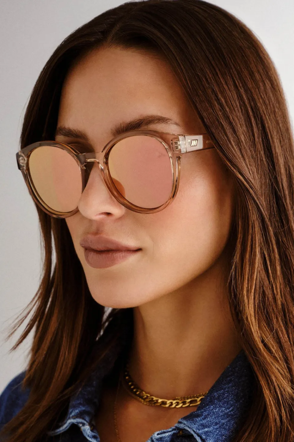 Le Specs Paramount Round Clear Tan Brass Mirror Lens Sunglasses