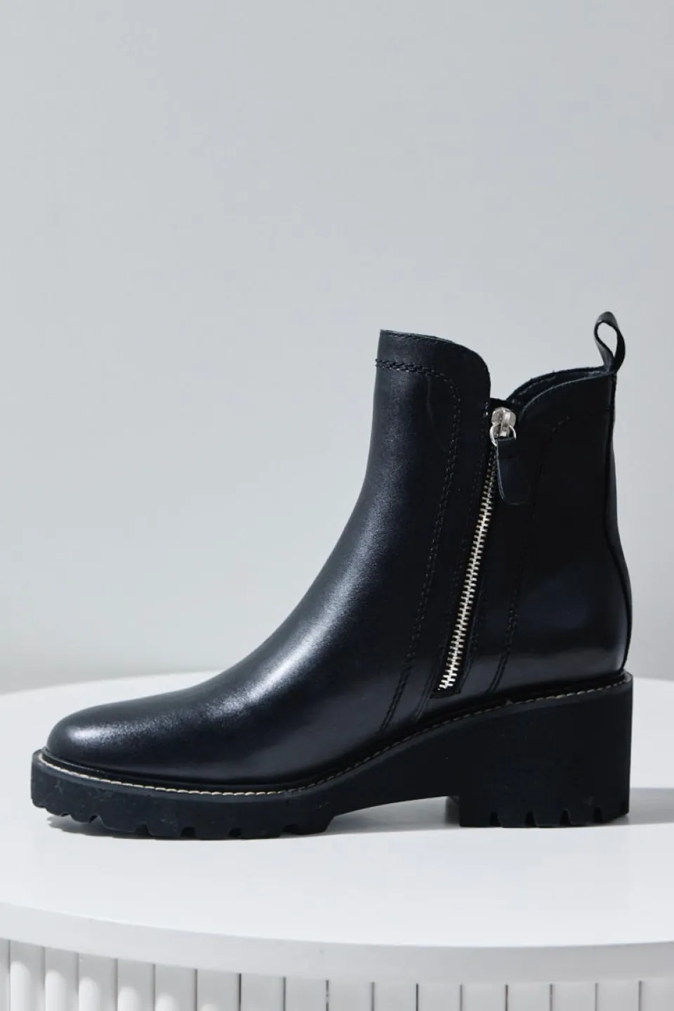 EOS Parson Black Chunky Zip Leather Ankle Boot