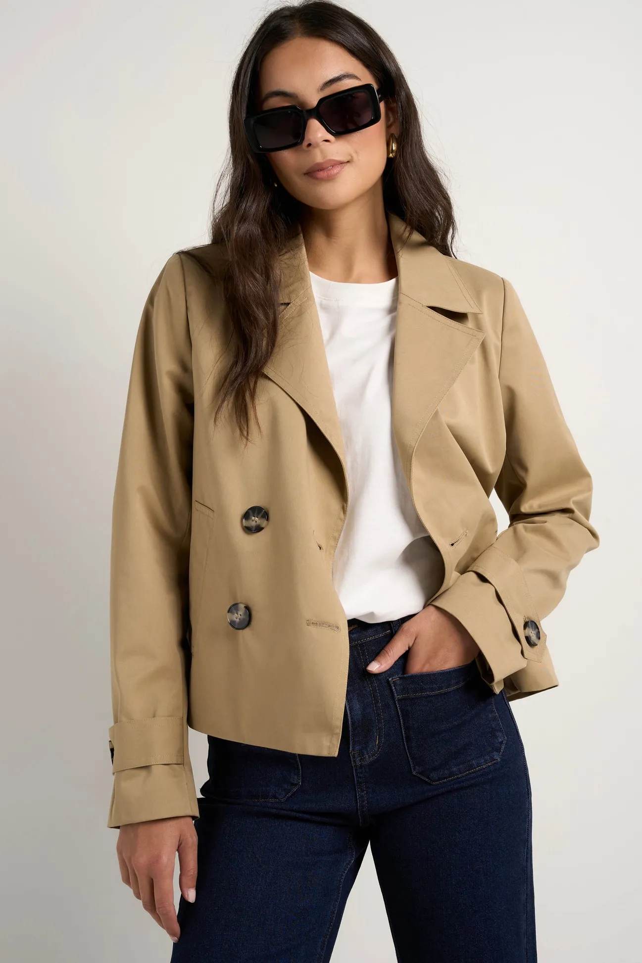 Stories be Told Pathway Camel Cropped Trench Jacket