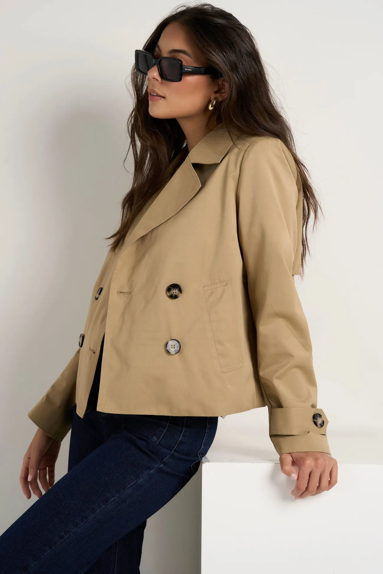 Stories be Told Pathway Camel Cropped Trench Jacket