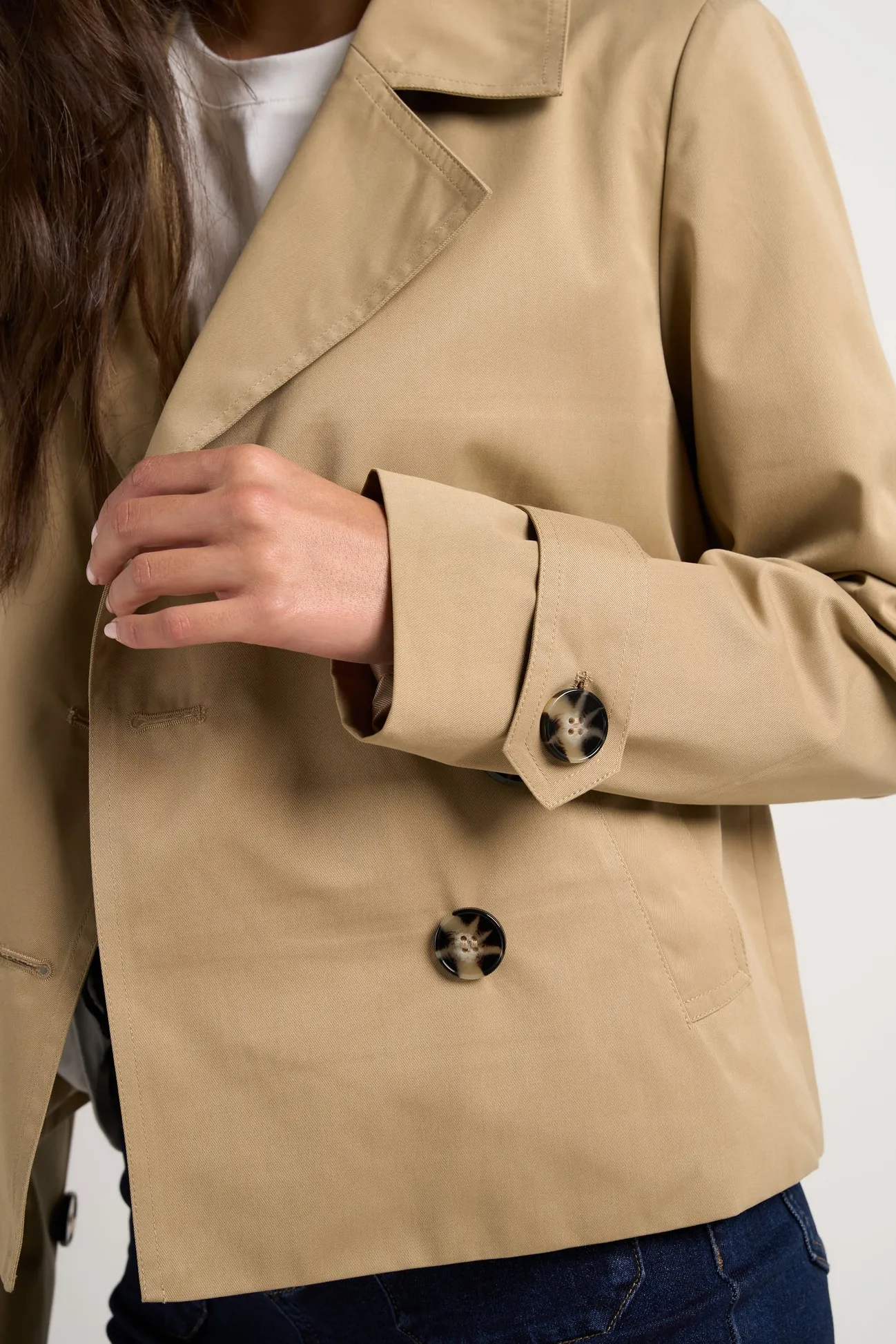 Stories be Told Pathway Camel Cropped Trench Jacket