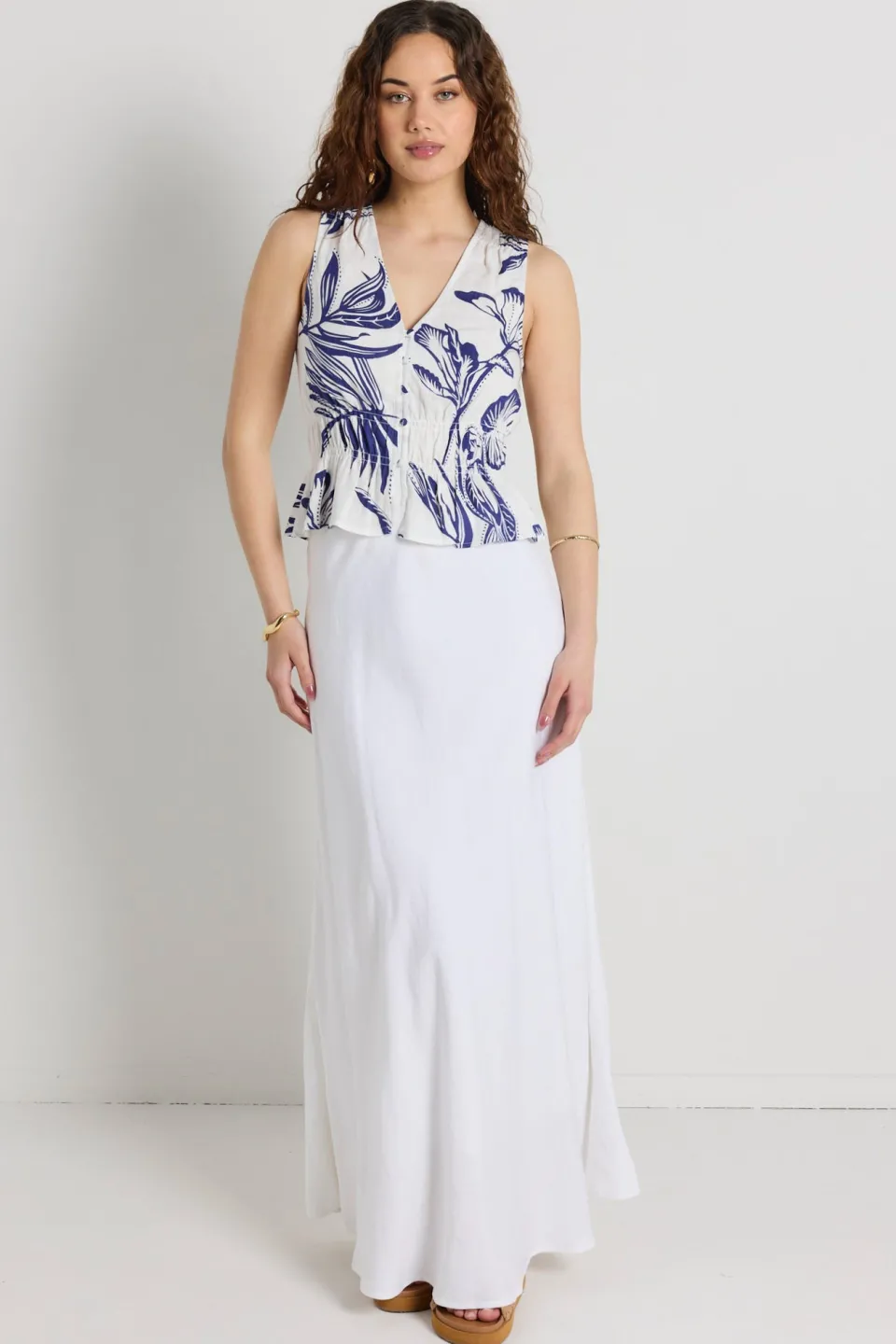 Stories be Told Pegasus Navy Silhouette Button Front Sleeveless Top