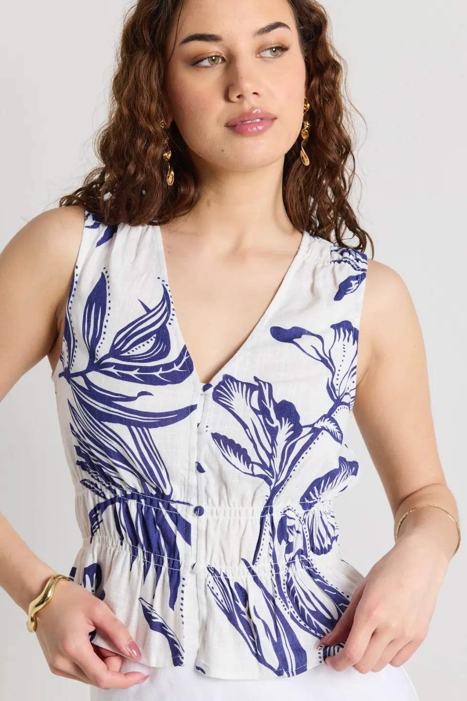 Stories be Told Pegasus Navy Silhouette Button Front Sleeveless Top