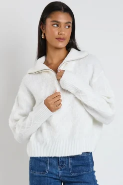 Ivy + Jack Pendant Ivory Quarter Zip Cable Jumper