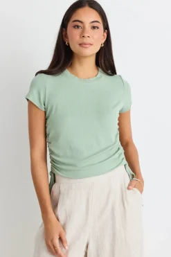 Among the Brave Perfect Sage Rib Rouched Side Crop Tee