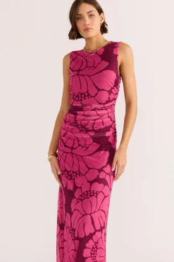 Mink Pink Persephone Berry Floral Mesh Sleeveless Midi Dress