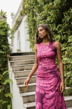 Mink Pink Persephone Berry Floral Mesh Sleeveless Midi Dress