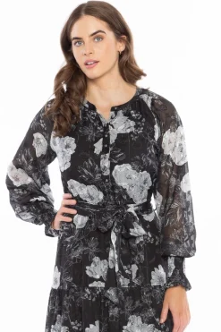Leila + Luca Perspective Large Black White Floral LS Tiered Maxi