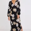 Among the Brave Phoenix Black Floral Satin LS Bias Midi Dress