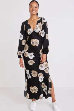 Among the Brave Phoenix Black Floral Satin LS Bias Midi Dress
