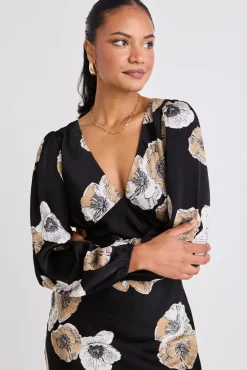 Among the Brave Phoenix Black Floral Satin LS Bias Midi Dress