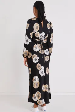 Among the Brave Phoenix Black Floral Satin LS Bias Midi Dress
