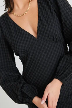 Among the Brave Phoenix Charcoal Gingham LS Bias Midi Dress