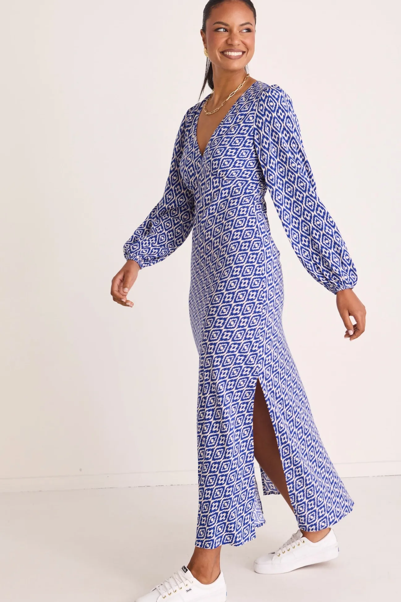 Among the Brave Phoenix Electric Blue Batik LS Bias Midi Dress
