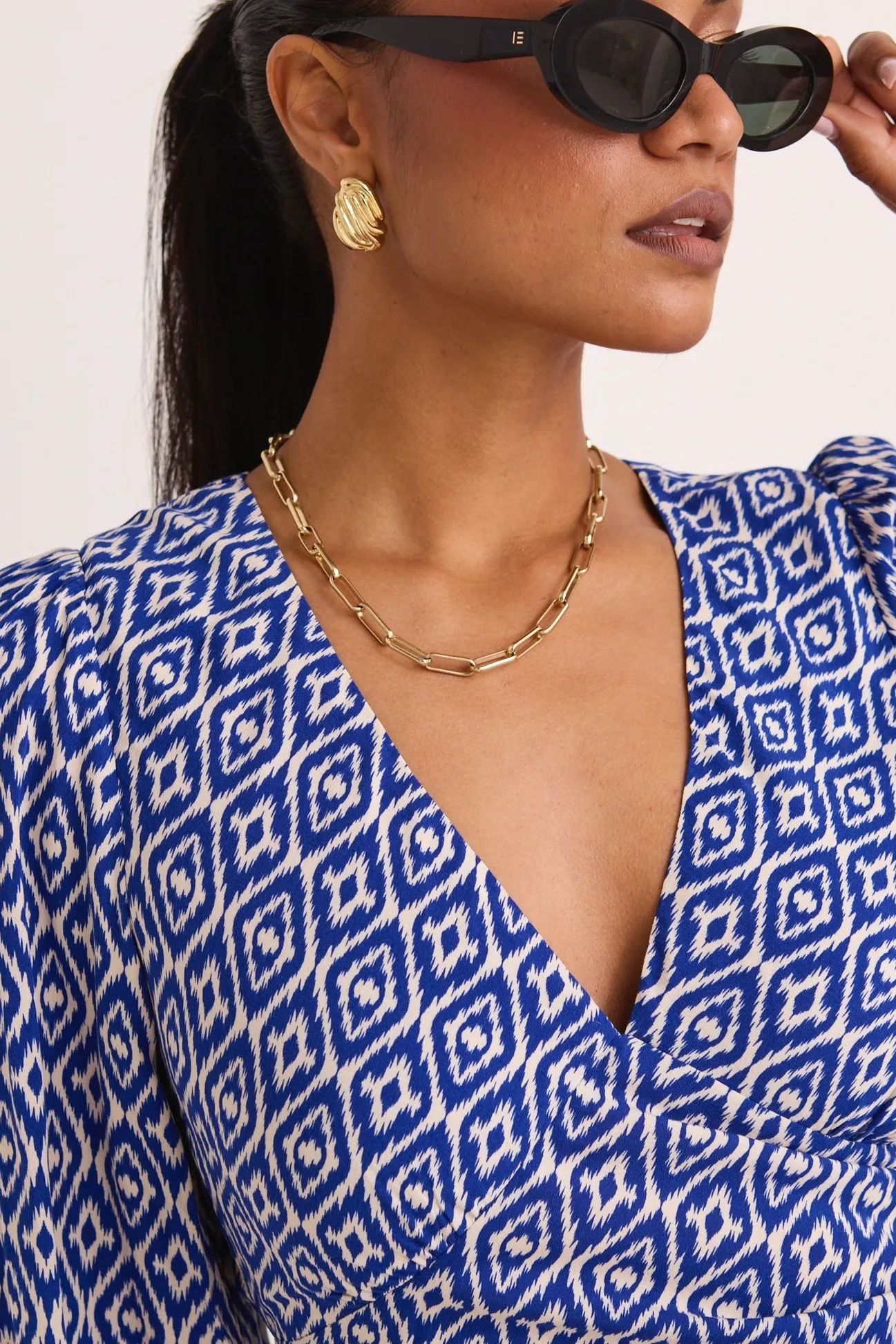 Among the Brave Phoenix Electric Blue Batik LS Bias Midi Dress