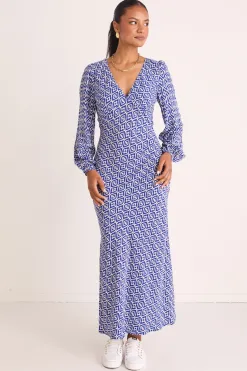 Among the Brave Phoenix Electric Blue Batik LS Bias Midi Dress